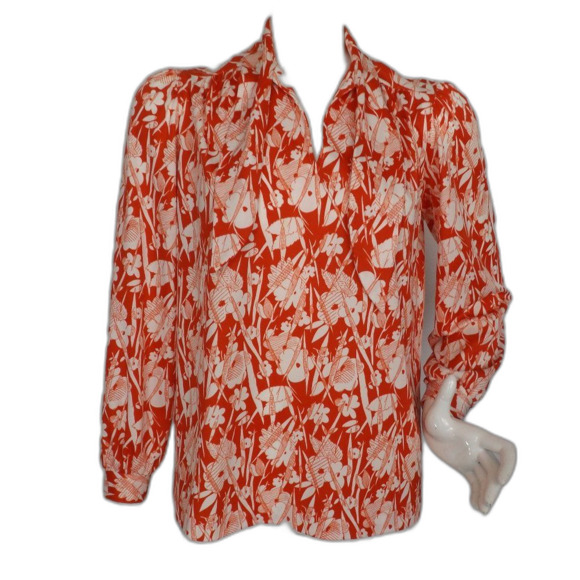 FIRE ISLANDER Vintage Blouse, M, Red-Orange/White, Sketched Floral, Long slvs - Picture 3 of 13